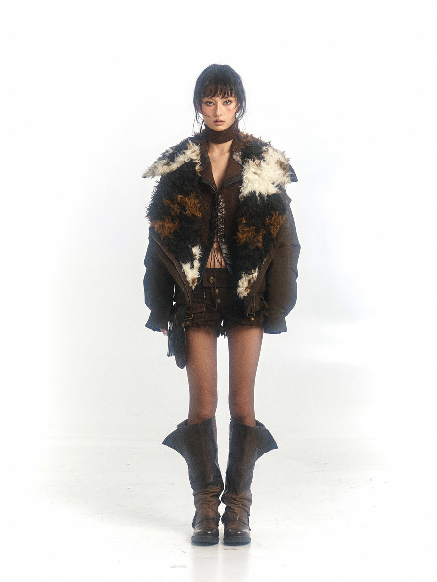 Cow Print Oversized Fur Lamb's Wool Collar Parka