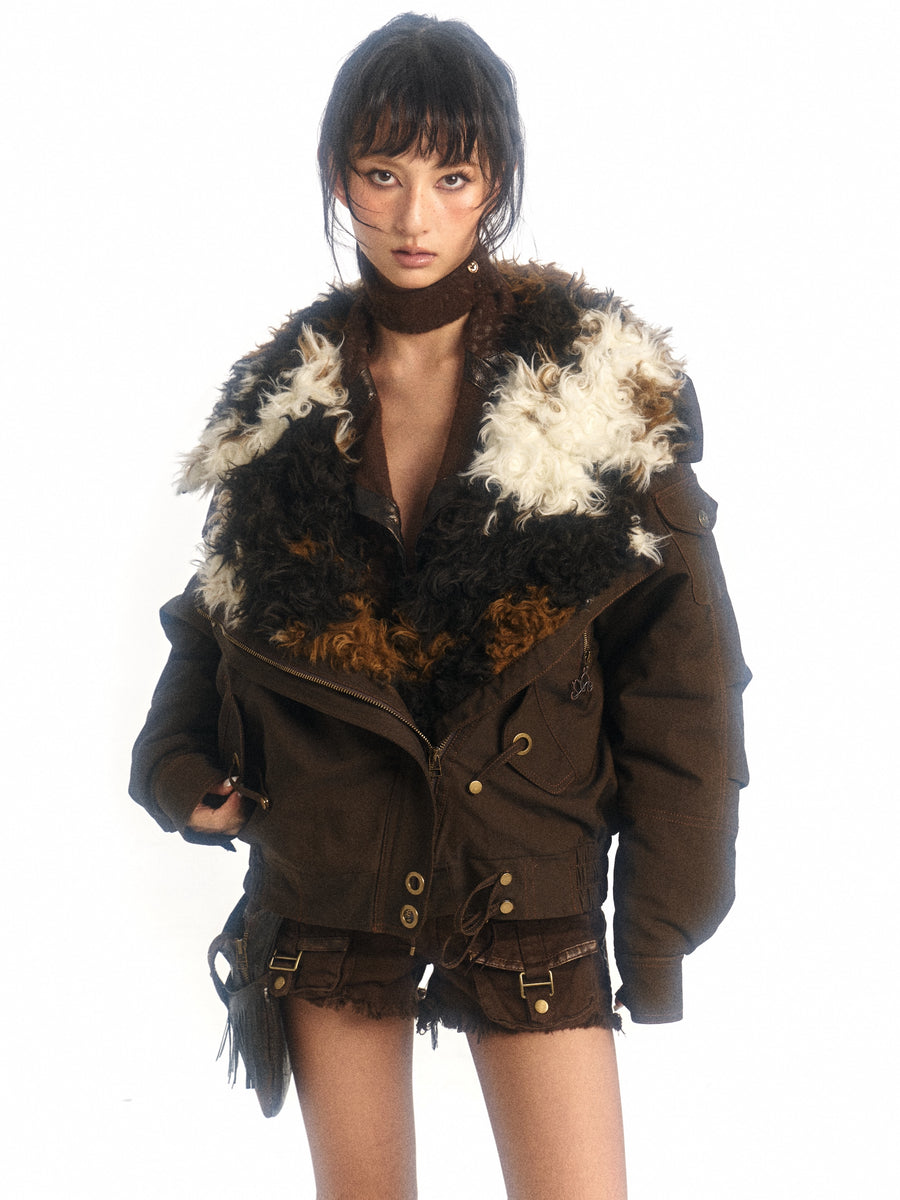 Cow Print Oversized Fur Lamb's Wool Collar Parka