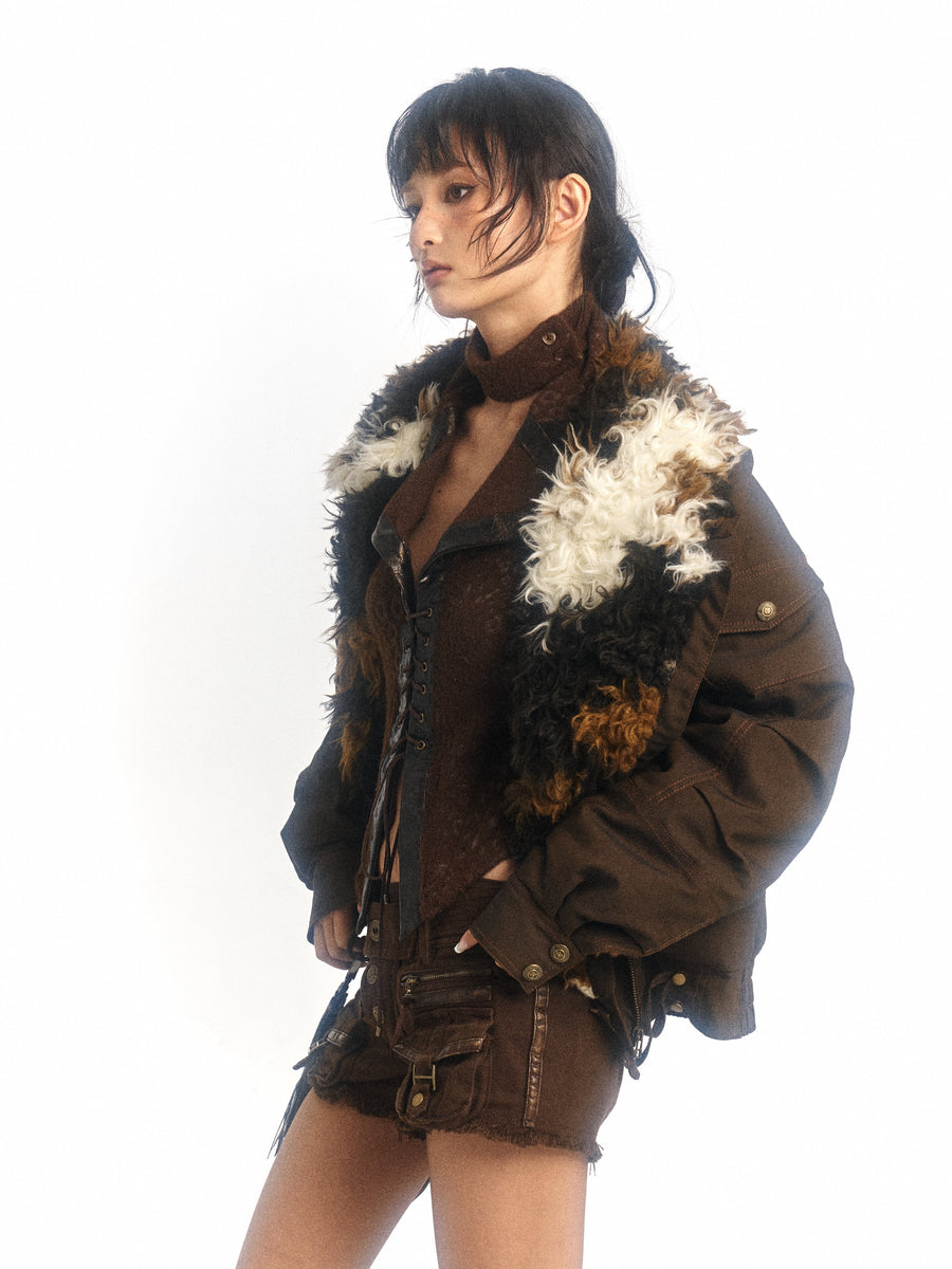 Cow Print Oversized Fur Lamb's Wool Collar Parka