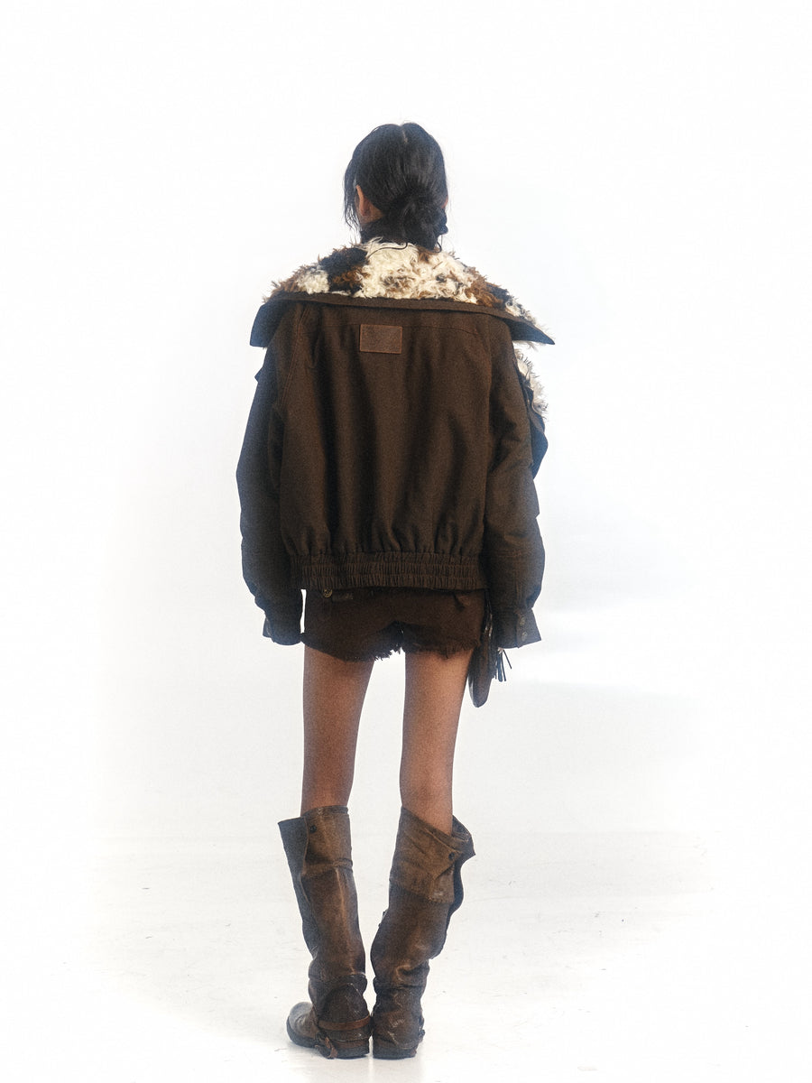 Cow Print Oversized Fur Lamb's Wool Collar Parka