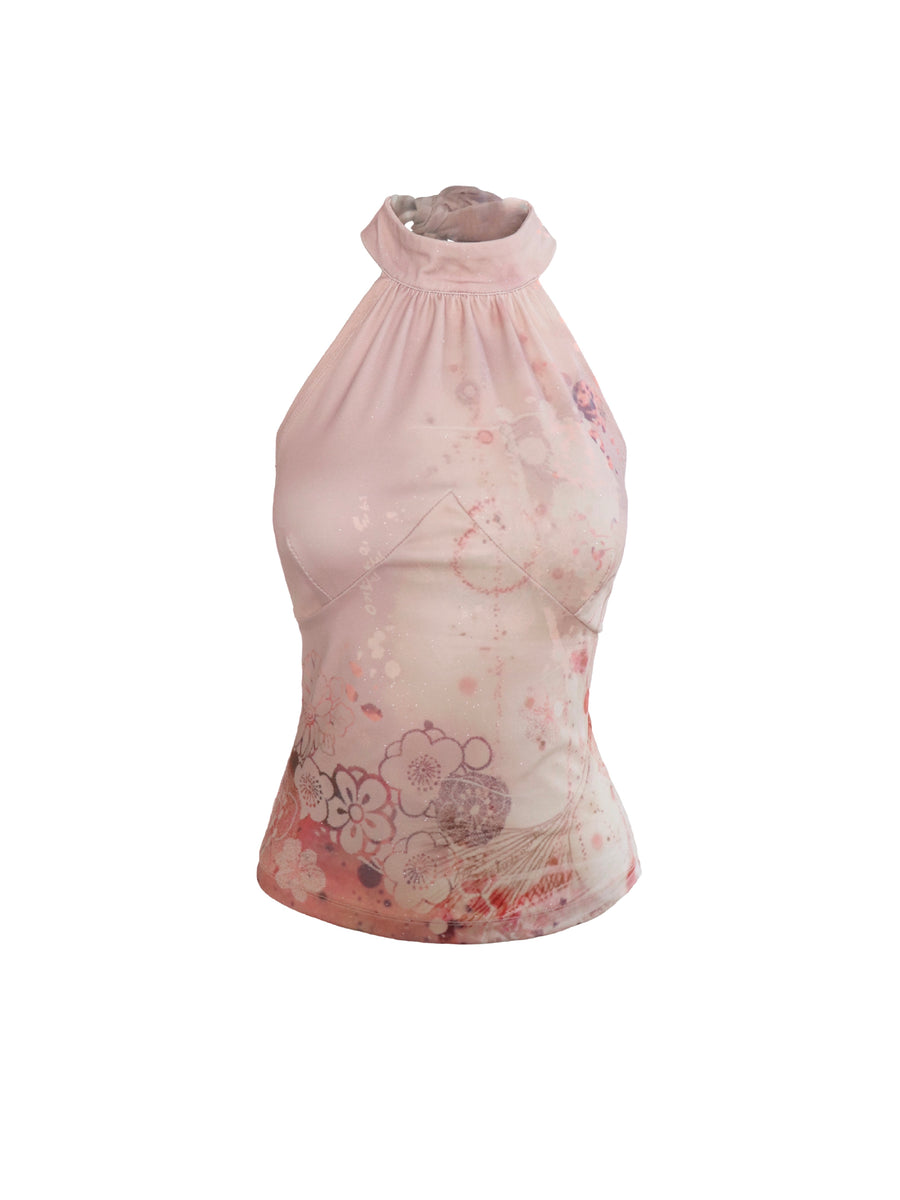 Flesh Pink Hanging Neck Printed Top