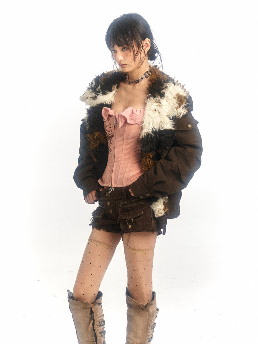 Cow Print Oversized Fur Lamb's Wool Collar Parka