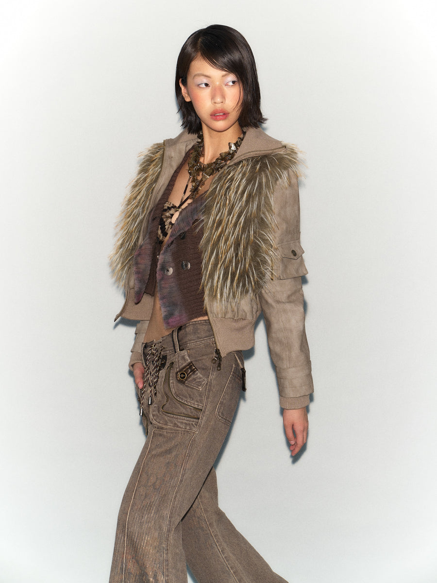 Removable Eco-Fur Collar + Leather Jacket Coat