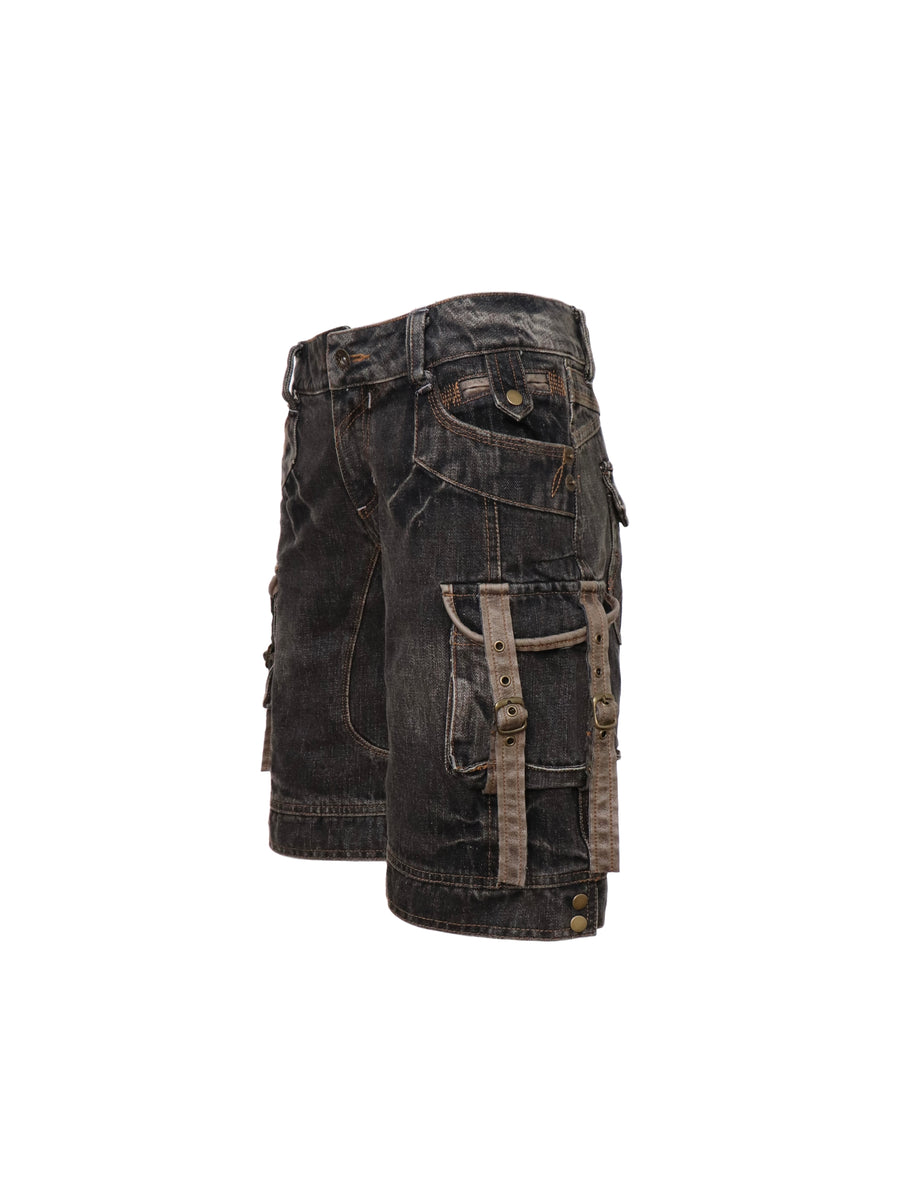 Multi Pocket Black Denim Five Point Pants