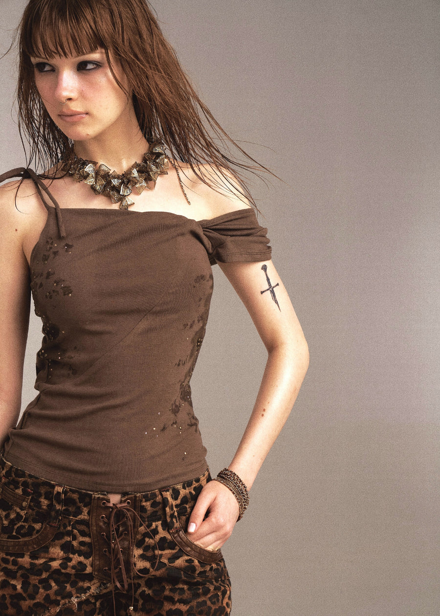 Brown Backless T-Shirt Top