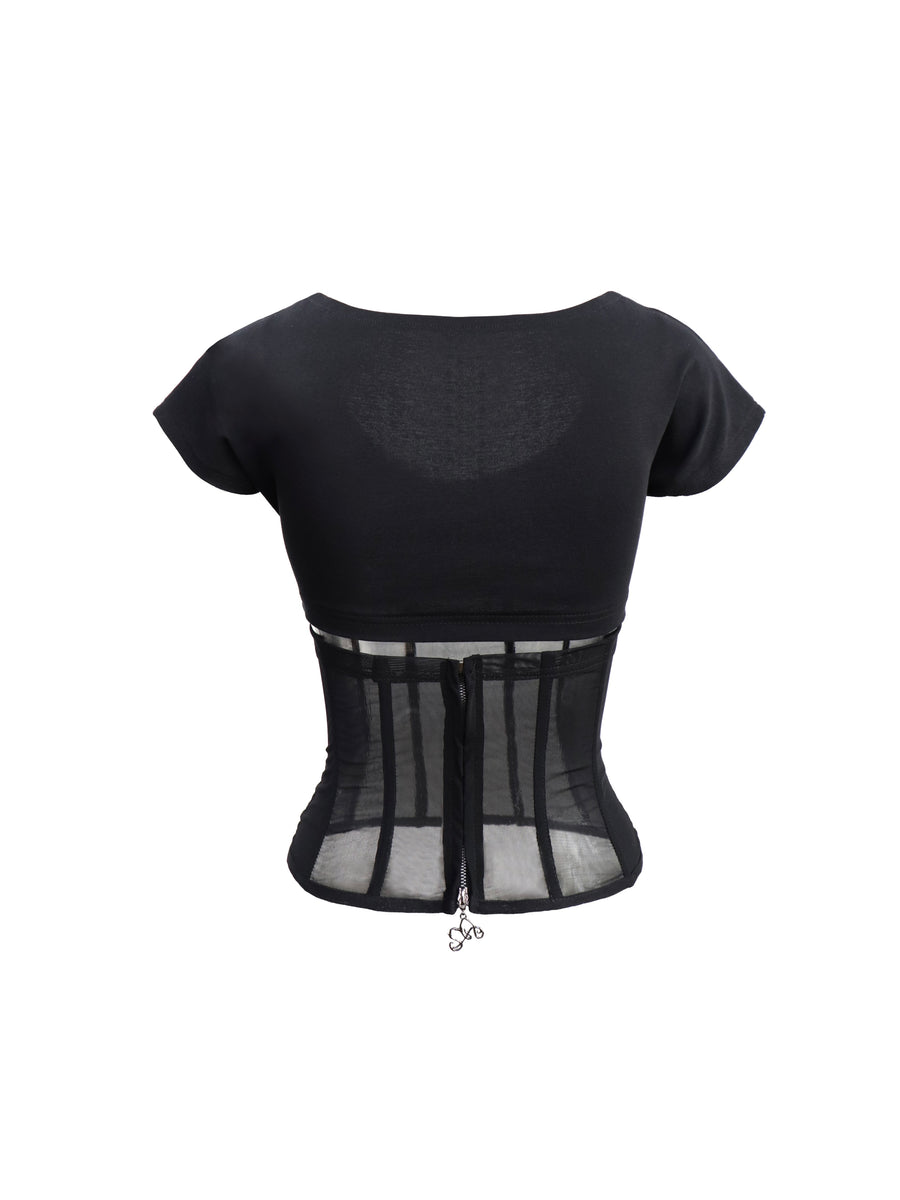 Black Waist Cinching Mesh Patchwork Knit T-Shirt Top