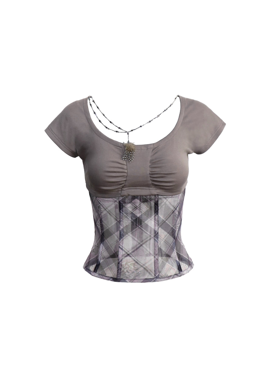 Gray Checkered Waisted Mesh Patchwork Knit T-Shirt Top