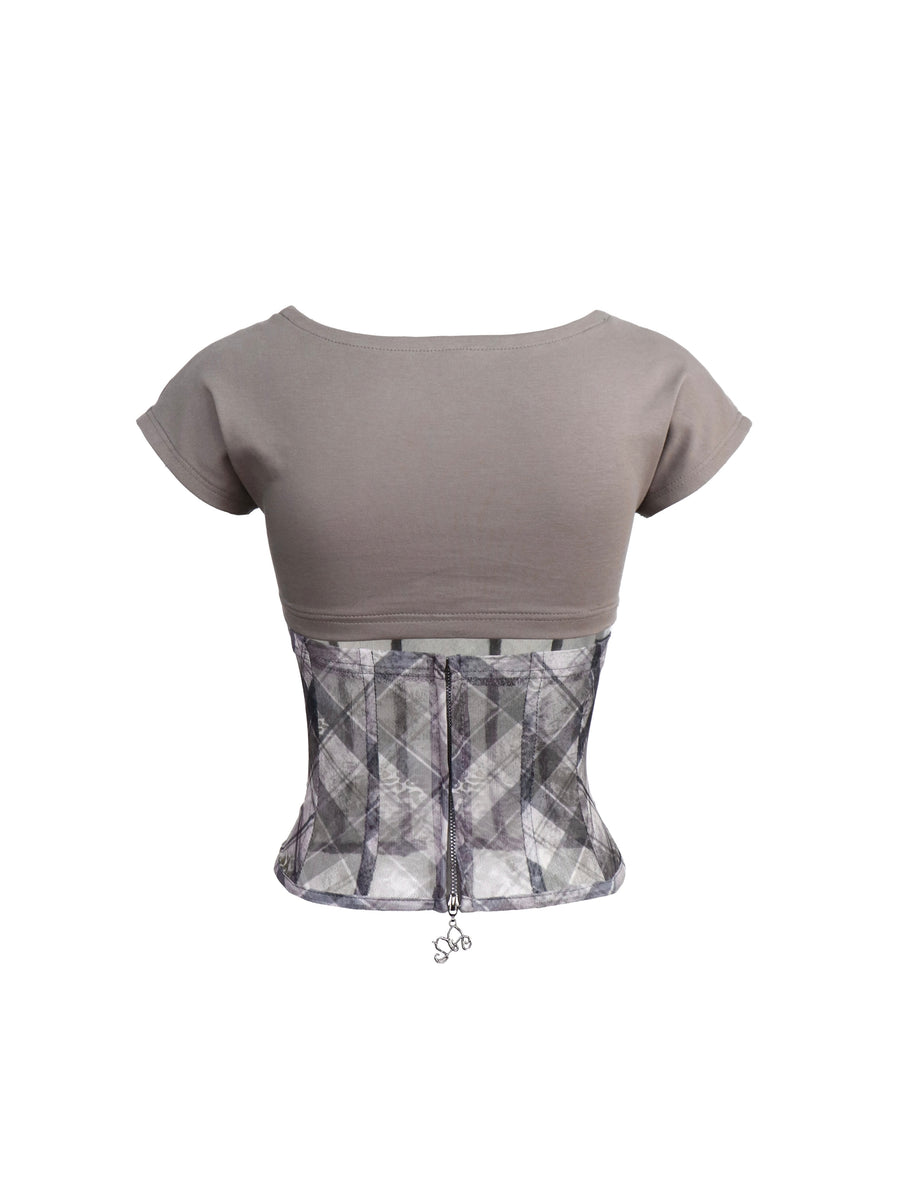 Gray Checkered Waisted Mesh Patchwork Knit T-Shirt Top