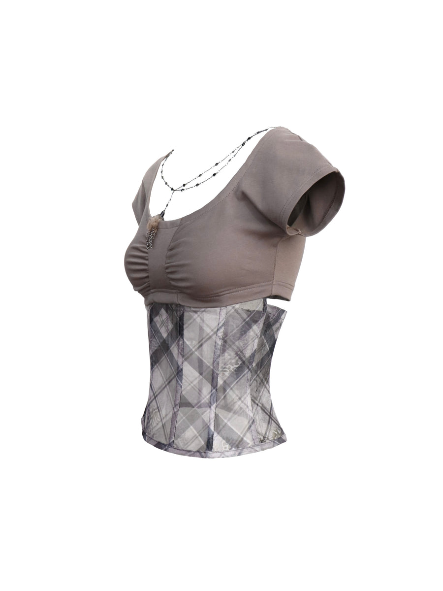 Gray Checkered Waisted Mesh Patchwork Knit T-Shirt Top