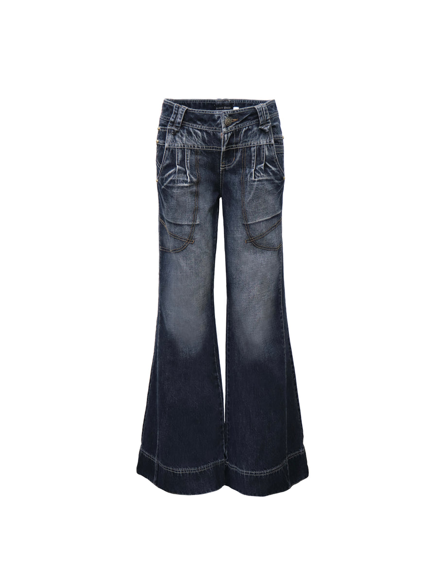 Two-Color Wide-Leg Large Pocket Jeans