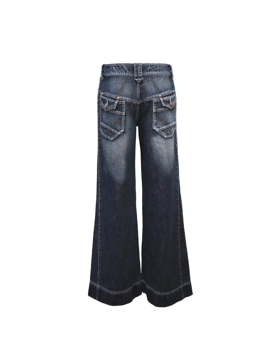 Two-Color Wide-Leg Large Pocket Jeans