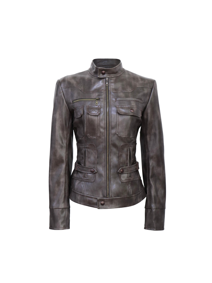 Multi-Pocket Slim Leather Jacket