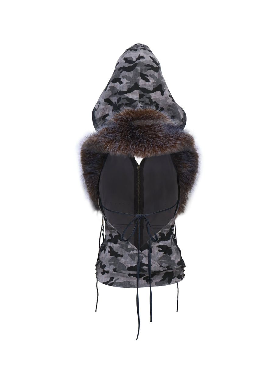 Camouflage Fur Collar Top