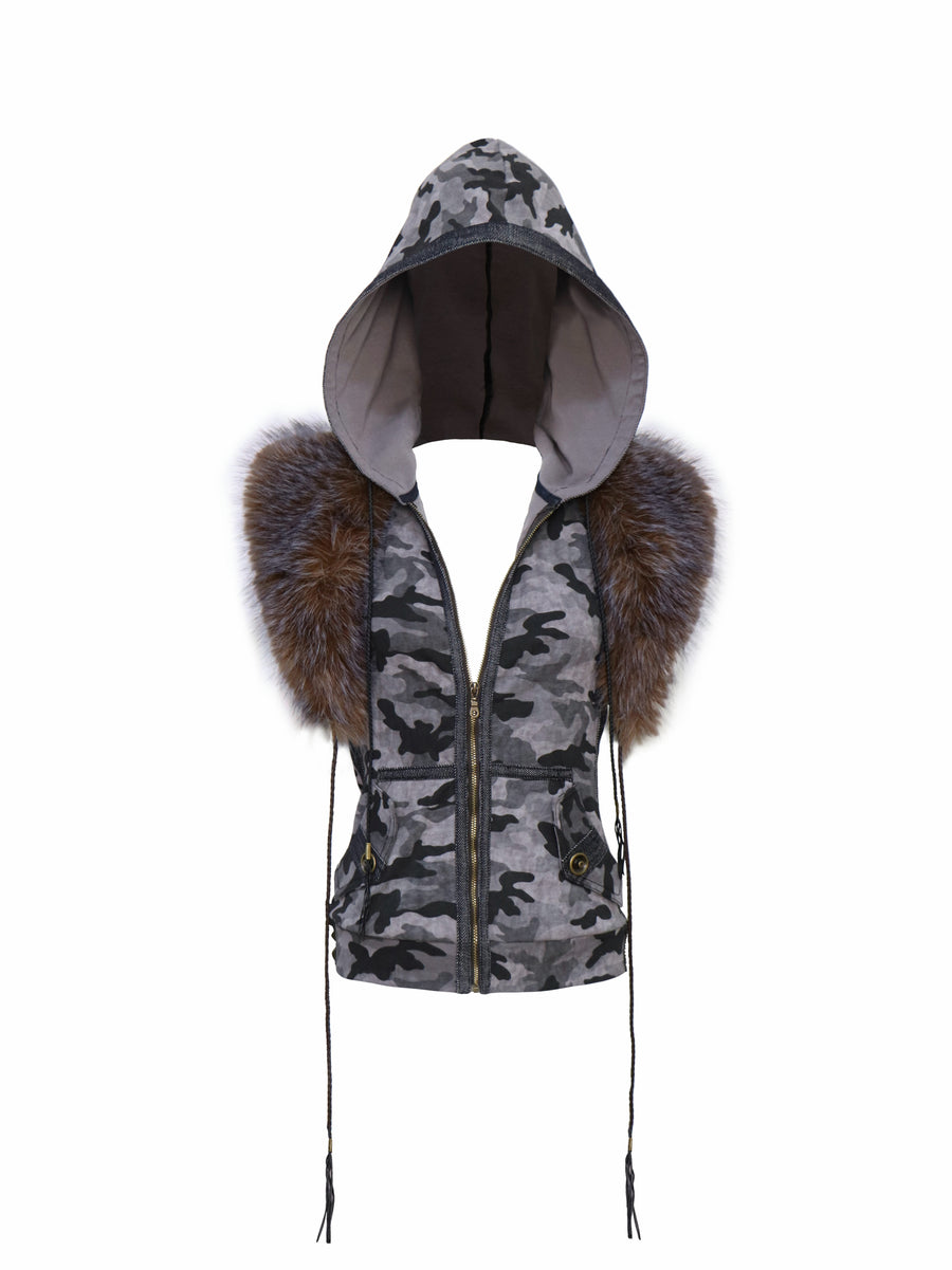 Camouflage Fur Collar Top