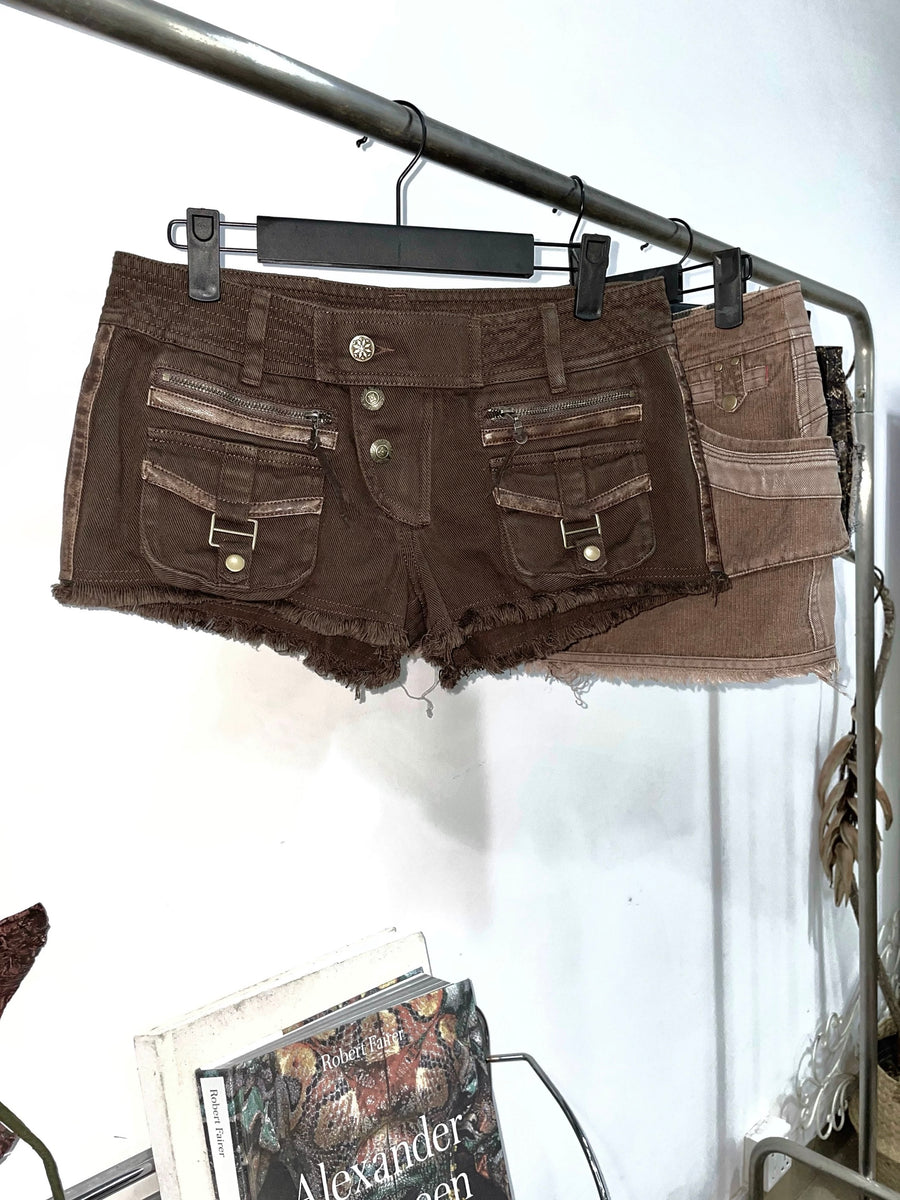 Brown Denim Multi-Pocket Shorts