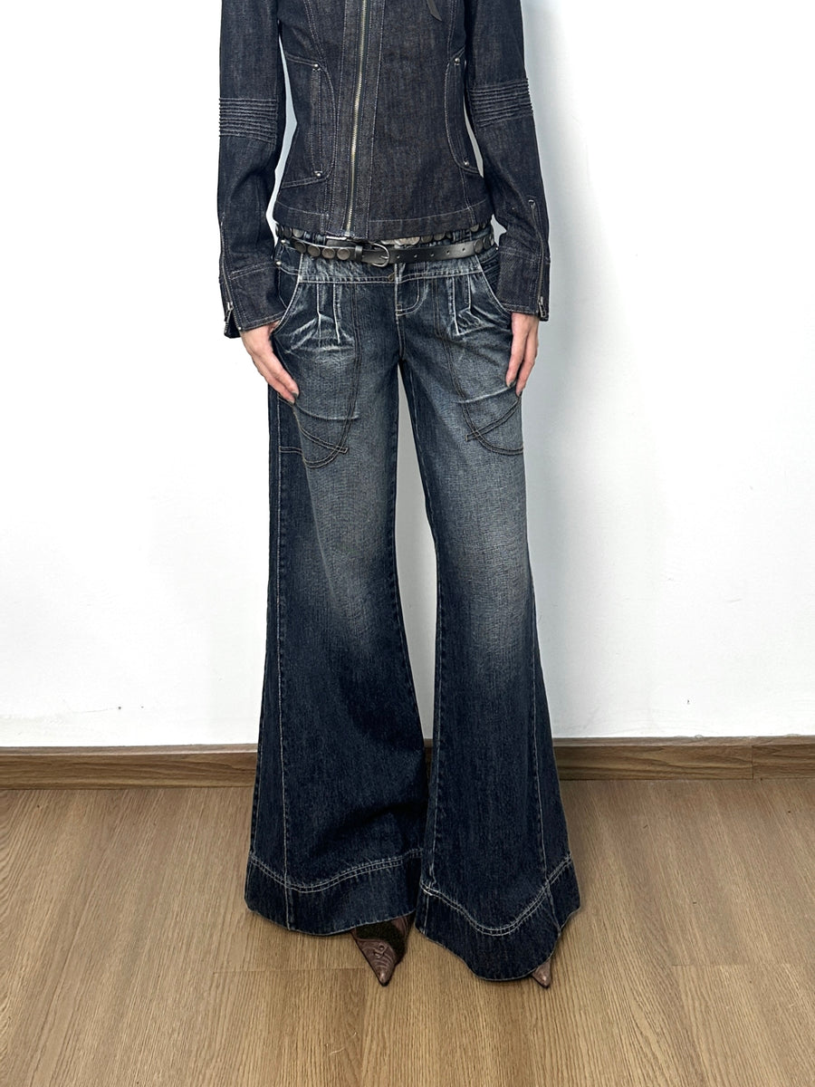 Two-Color Wide-Leg Large Pocket Jeans