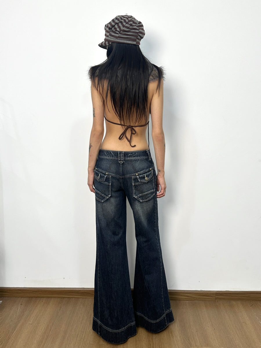 Two-Color Wide-Leg Large Pocket Jeans
