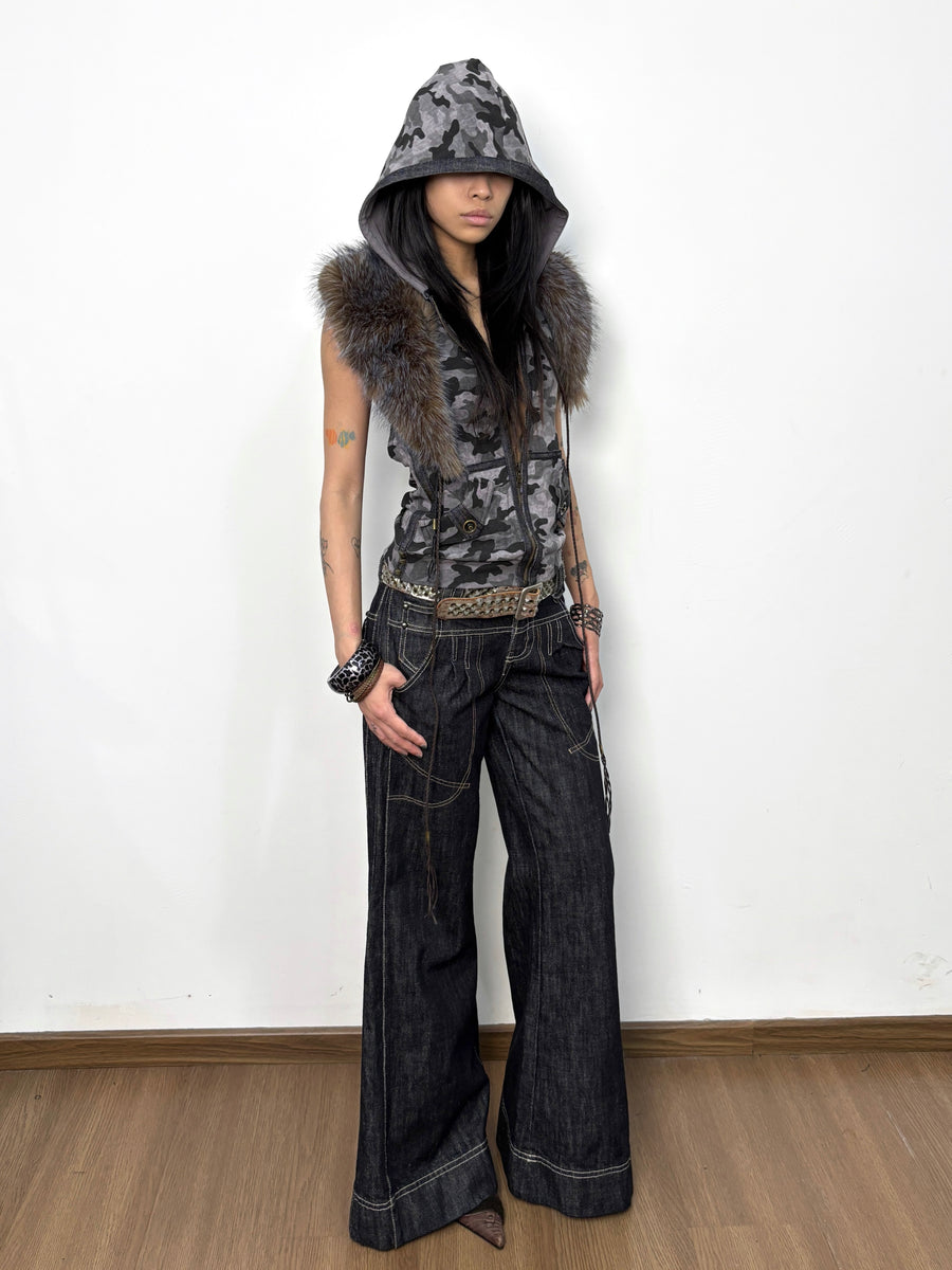 Two-Color Wide-Leg Large Pocket Jeans