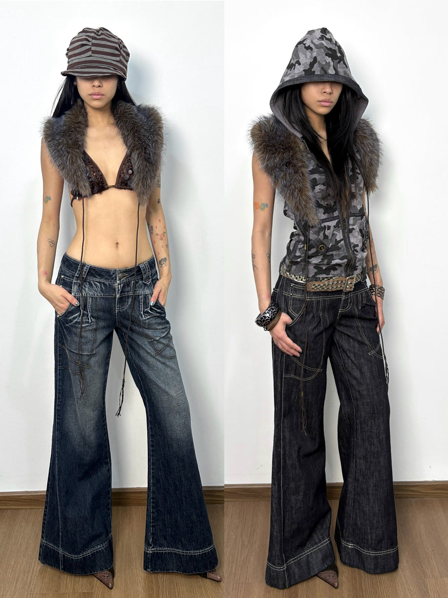 Two-Color Wide-Leg Large Pocket Jeans