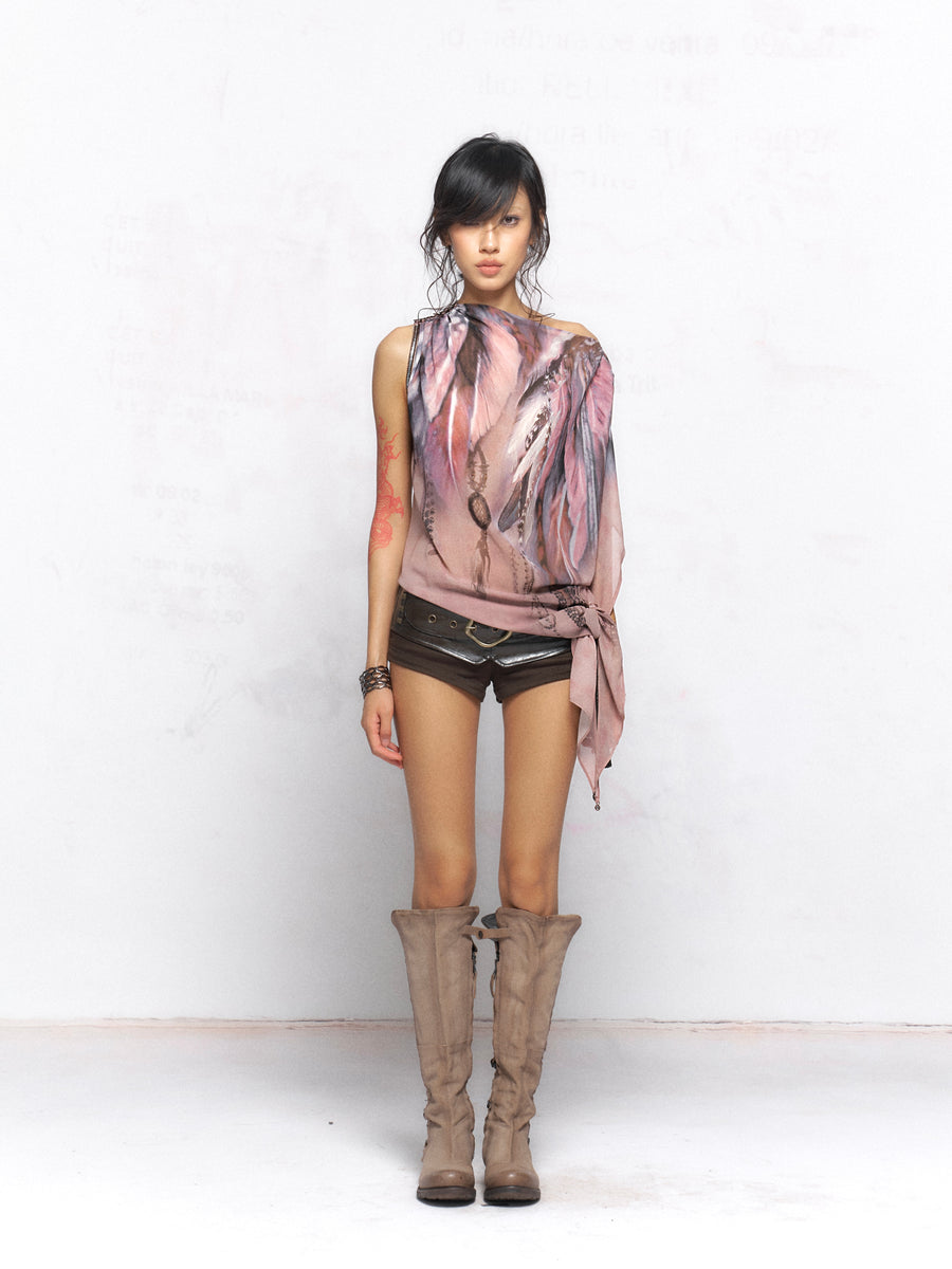 Feather Pattern Irregular Off-Shoulder Top