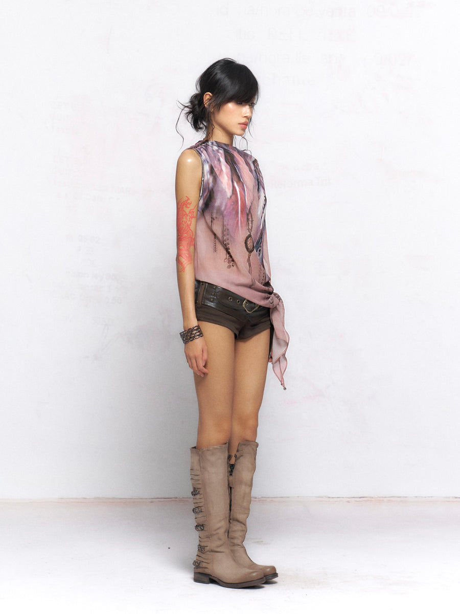 Feather Pattern Irregular Off-Shoulder Top