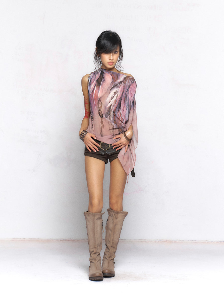 Feather Pattern Irregular Off-Shoulder Top