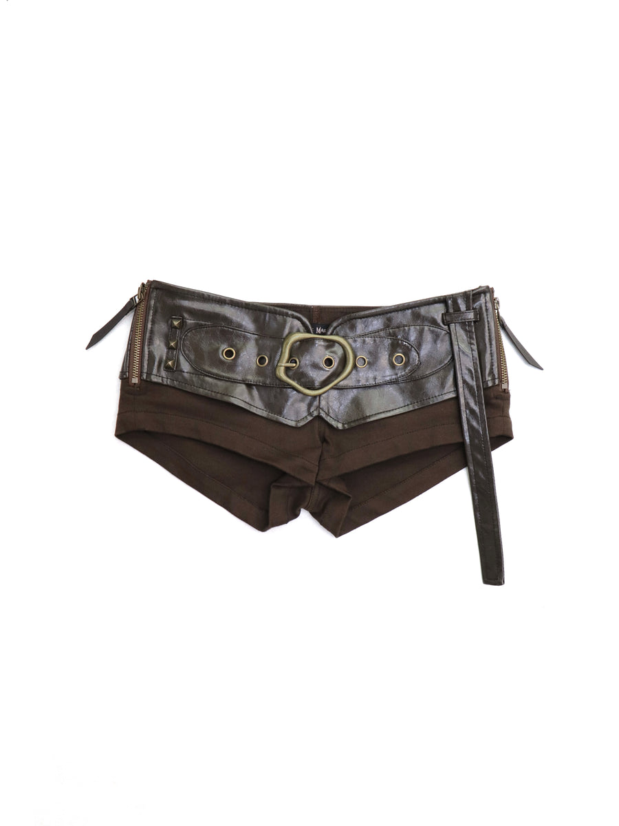 Embroidered Leather Denim Shorts
