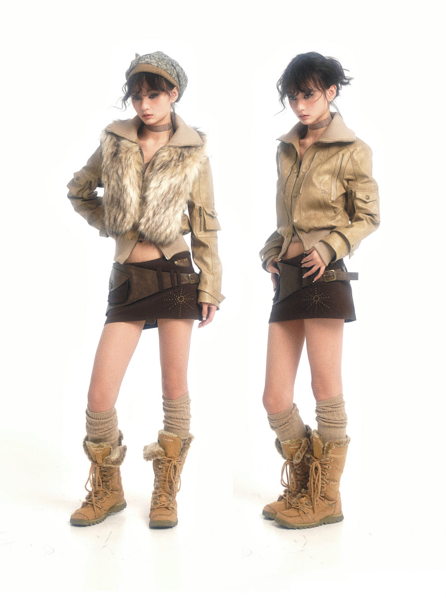 Removable Eco-Fur Collar + Leather Jacket Coat
