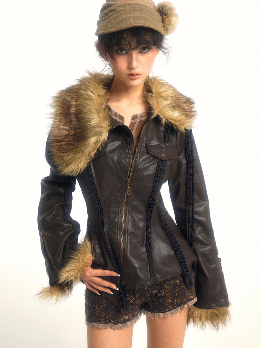 Detachable Fur Collar Brown Leather Jacket