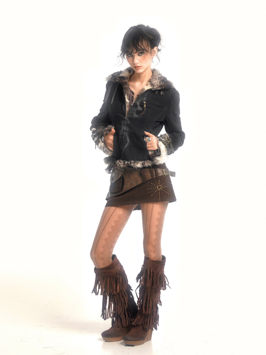 Pu Leather + Denim Skirt