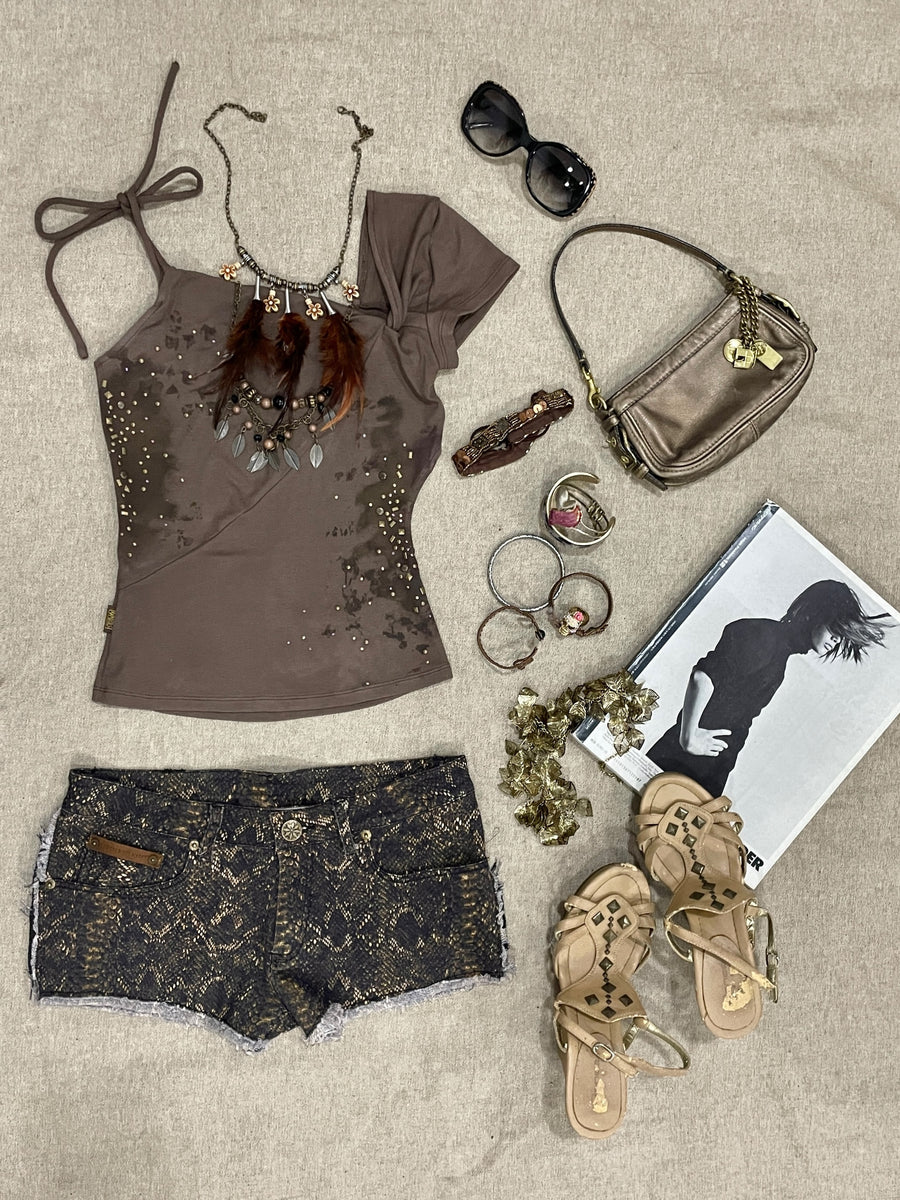 Brown Backless T-Shirt Top