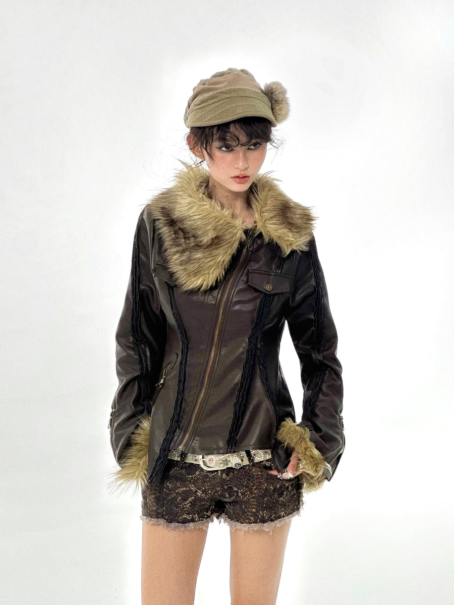 Detachable Fur Collar Brown Leather Jacket