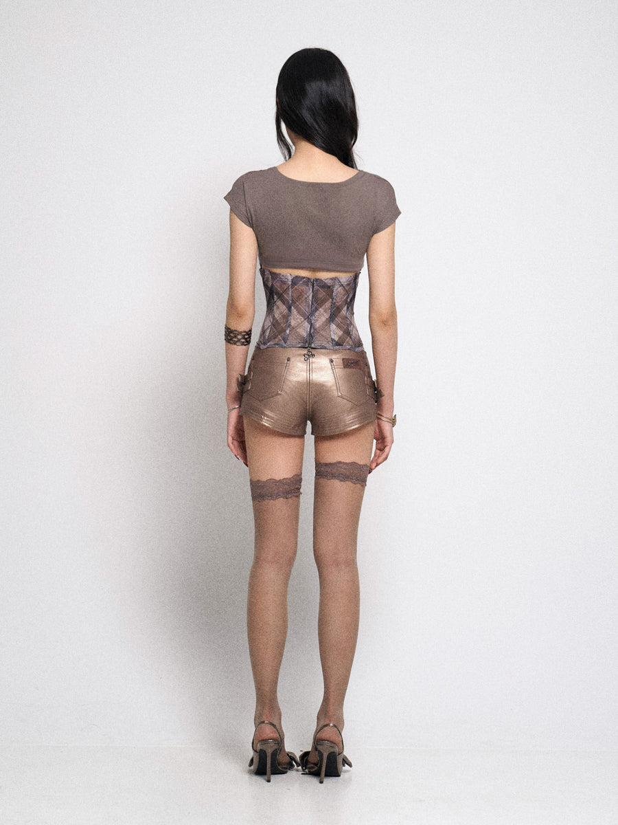 Gray Checkered Waisted Mesh Patchwork Knit T-Shirt Top
